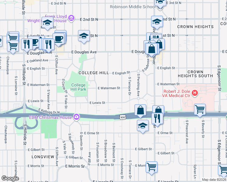 map of restaurants, bars, coffee shops, grocery stores, and more near 327 South Belmont Street in Wichita