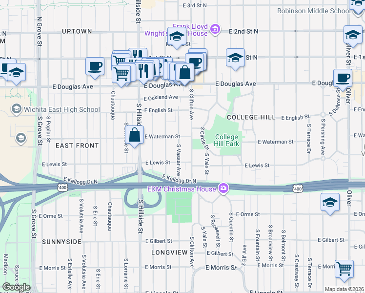map of restaurants, bars, coffee shops, grocery stores, and more near 347 South Clifton Avenue in Wichita