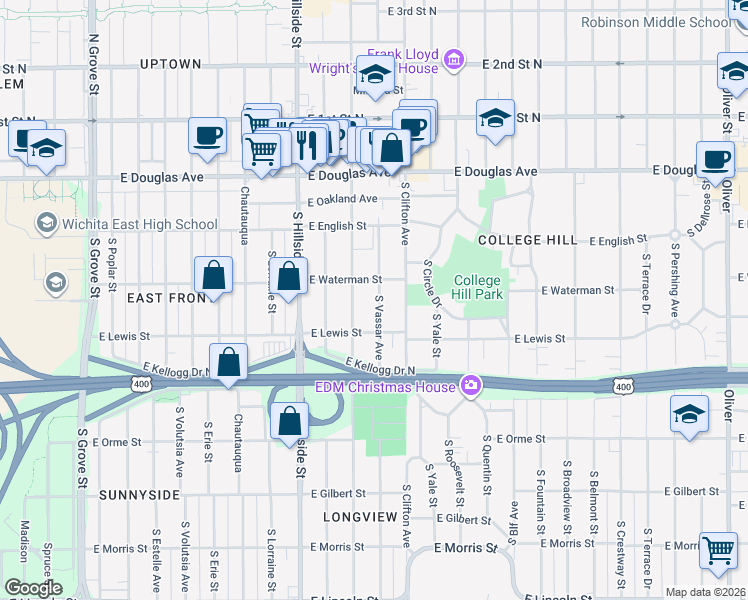 map of restaurants, bars, coffee shops, grocery stores, and more near 343 South Vassar Street in Wichita