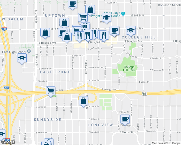map of restaurants, bars, coffee shops, grocery stores, and more near 344 South Holyoke Street in Wichita