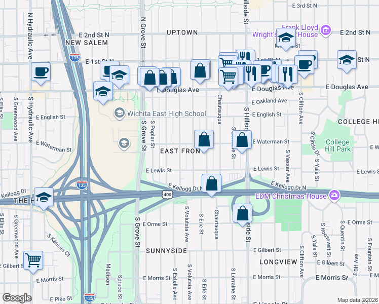map of restaurants, bars, coffee shops, grocery stores, and more near 338-342 South Volutsia Street in Wichita