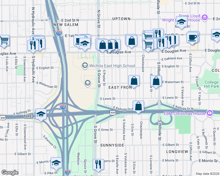 map of restaurants, bars, coffee shops, grocery stores, and more near 326 South Poplar Street in Wichita