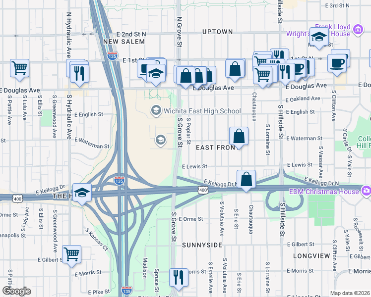 map of restaurants, bars, coffee shops, grocery stores, and more near 326 South Poplar Street in Wichita