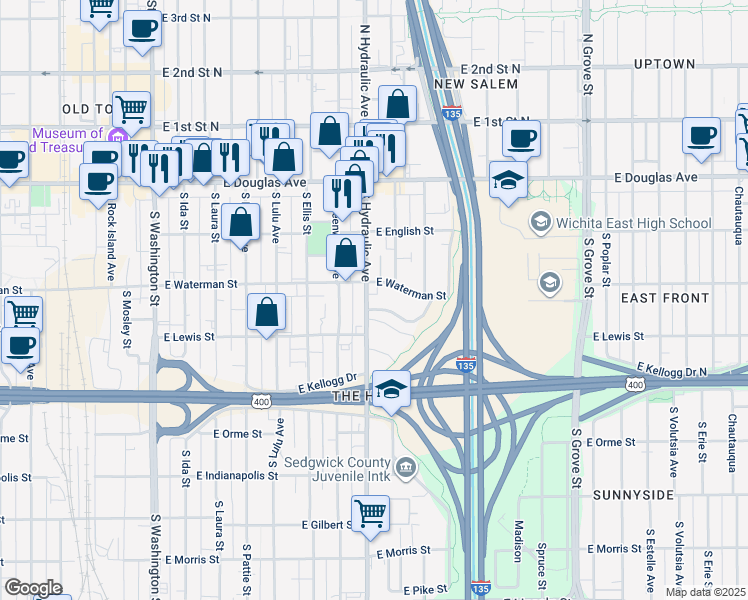 map of restaurants, bars, coffee shops, grocery stores, and more near in Wichita