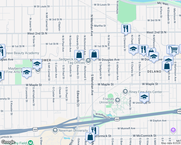 map of restaurants, bars, coffee shops, grocery stores, and more near 216 South Meridian Avenue in Wichita