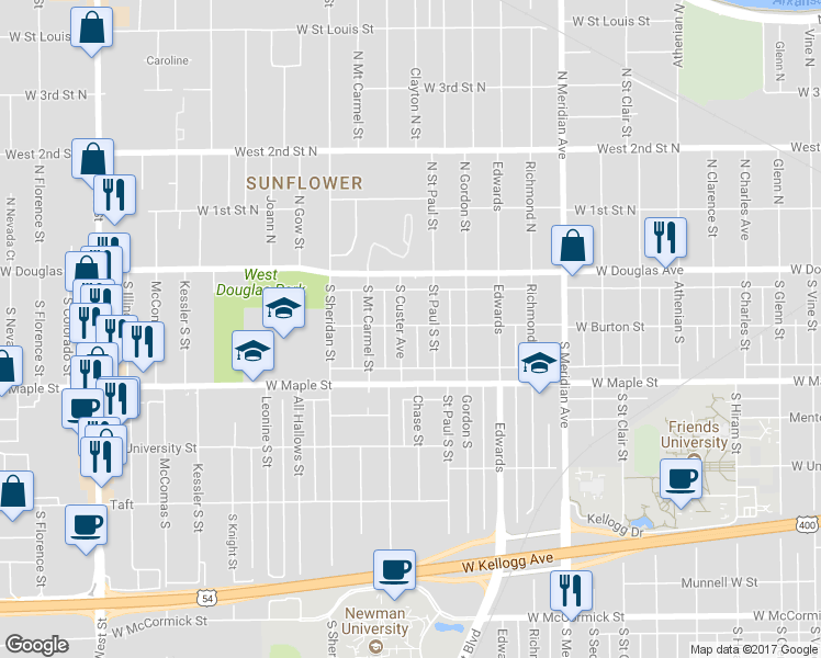 map of restaurants, bars, coffee shops, grocery stores, and more near 222 South Custer Avenue in Wichita