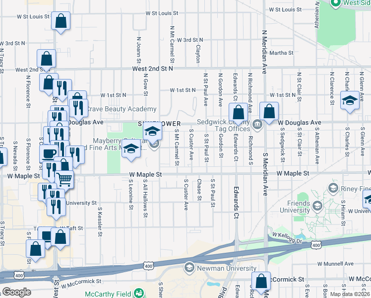 map of restaurants, bars, coffee shops, grocery stores, and more near 216 South Mount Carmel Street in Wichita