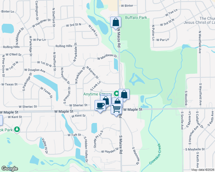 map of restaurants, bars, coffee shops, grocery stores, and more near 10514 West Texas Street in Wichita