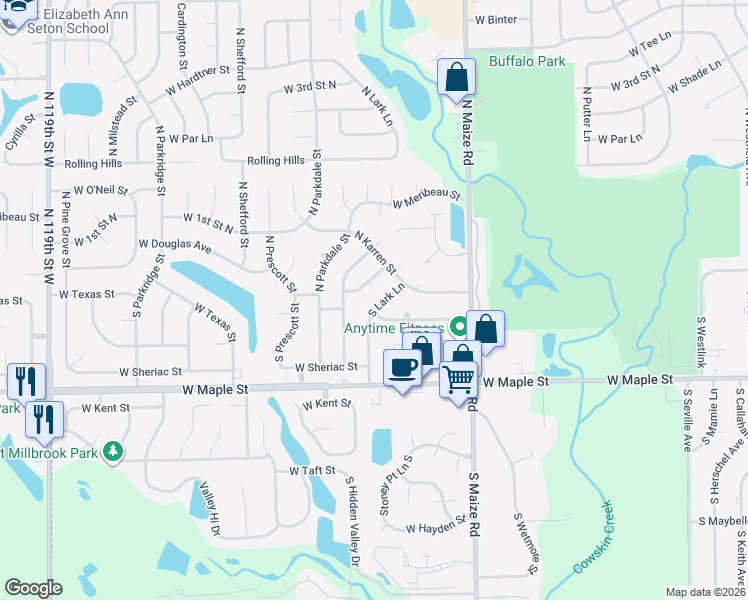 map of restaurants, bars, coffee shops, grocery stores, and more near 159-165 South Lark Lane in Wichita