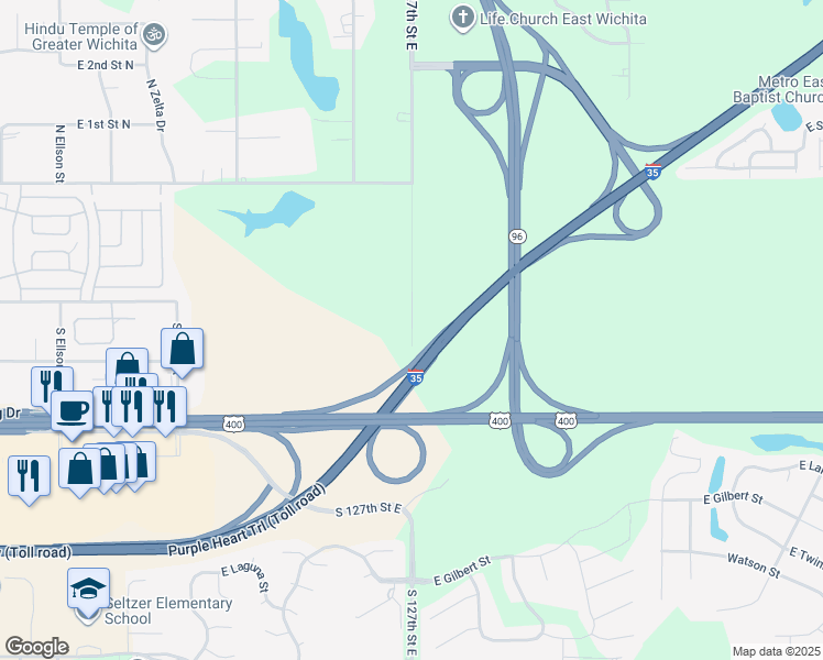 map of restaurants, bars, coffee shops, grocery stores, and more near 482 South 127th Street East in Wichita
