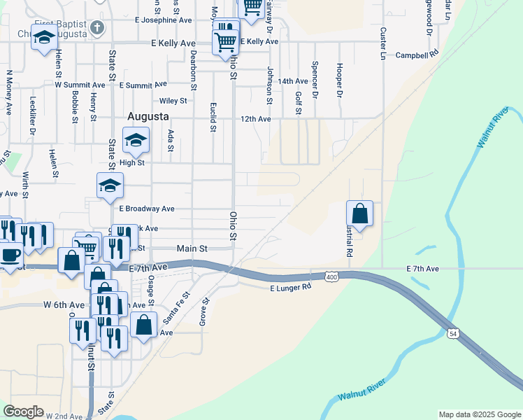 map of restaurants, bars, coffee shops, grocery stores, and more near 435 East Broadway Avenue in Augusta