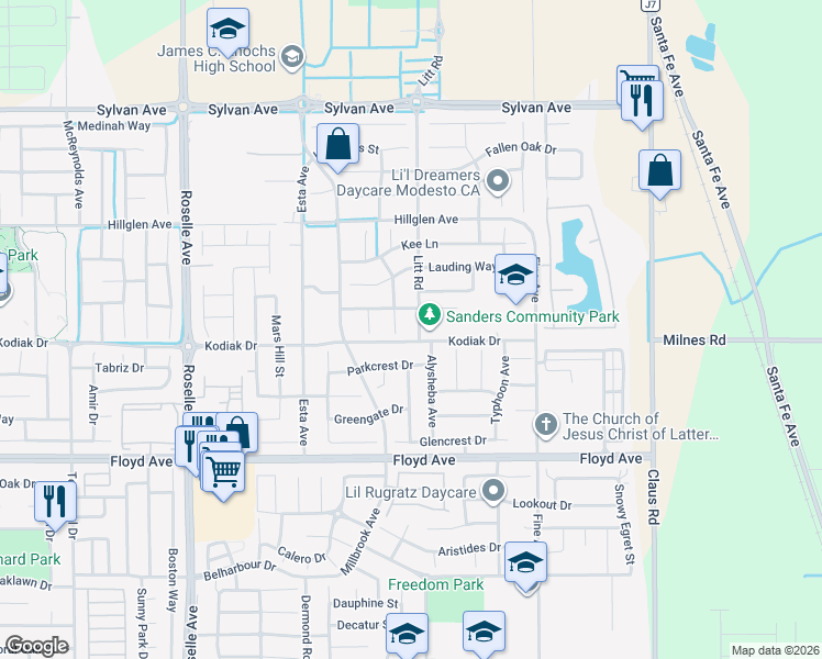 map of restaurants, bars, coffee shops, grocery stores, and more near 3005 Litt Road in Modesto