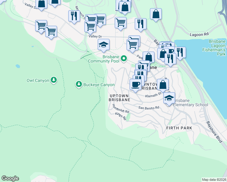 map of restaurants, bars, coffee shops, grocery stores, and more near 31 Trinity Road in Brisbane