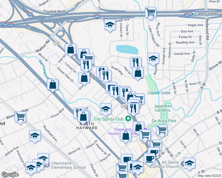 map of restaurants, bars, coffee shops, grocery stores, and more near 21799 Foothill Boulevard in Hayward