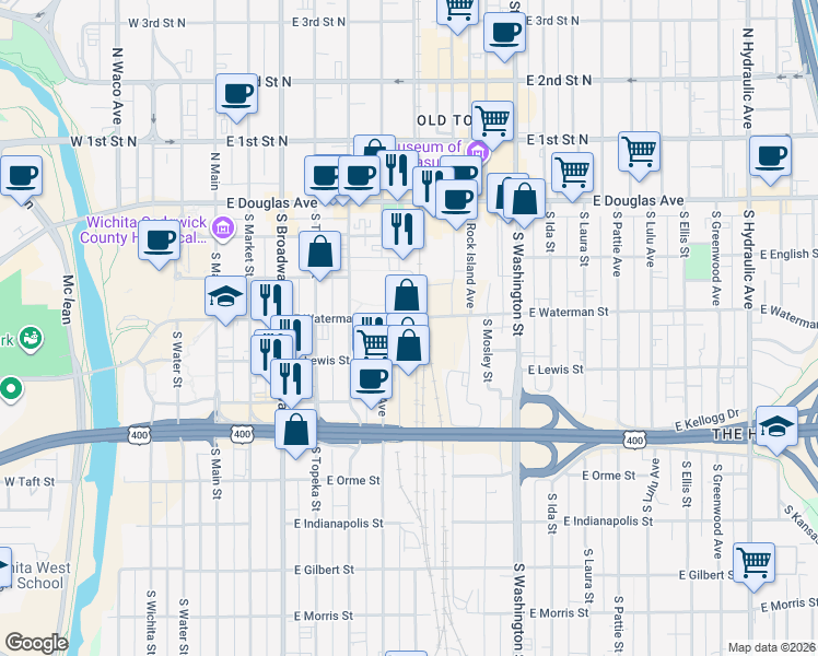 map of restaurants, bars, coffee shops, grocery stores, and more near 400 South Commerce in Wichita