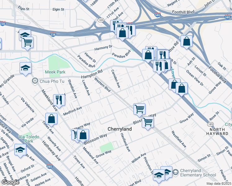 map of restaurants, bars, coffee shops, grocery stores, and more near Western Blvd & Medford Ave in Hayward