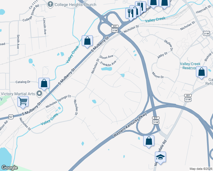 map of restaurants, bars, coffee shops, grocery stores, and more near Nicholas Ridge Dr in Elizabethtown