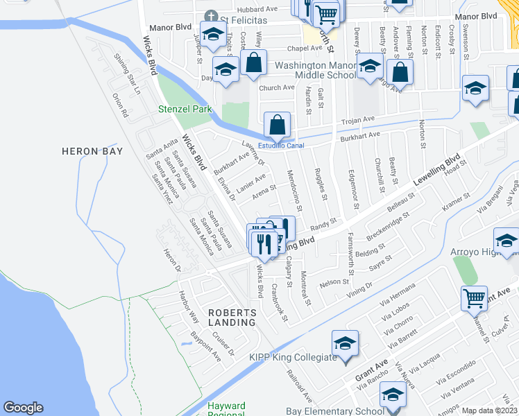 map of restaurants, bars, coffee shops, grocery stores, and more near 15356 Sunnyhaven Street in San Leandro