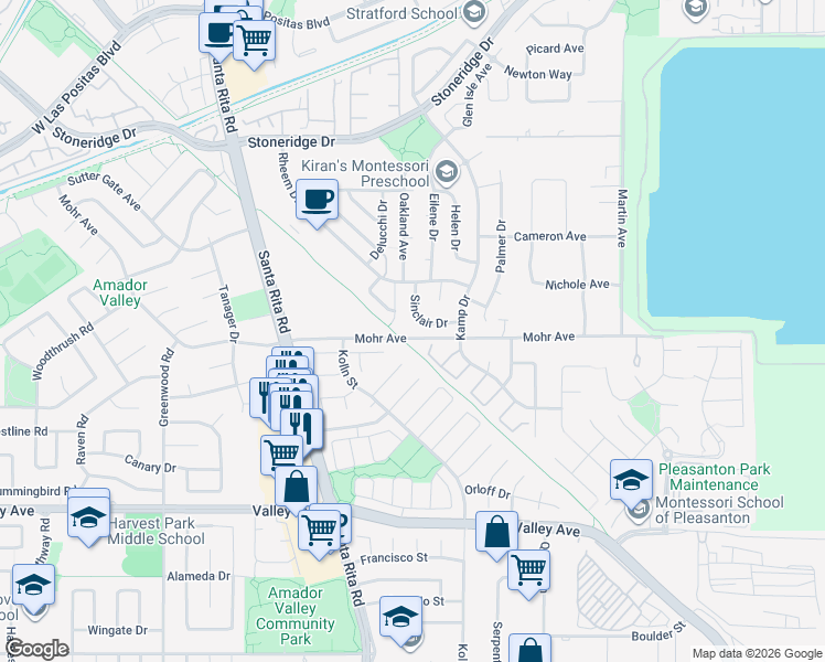 map of restaurants, bars, coffee shops, grocery stores, and more near 1802 Plumeria Court in Pleasanton