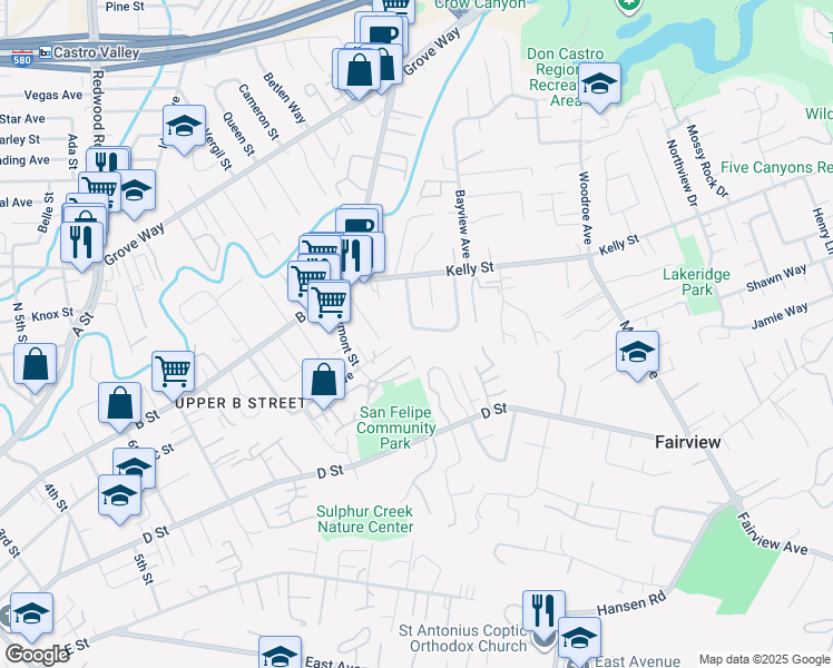 map of restaurants, bars, coffee shops, grocery stores, and more near 2209 Romey Lane in Hayward