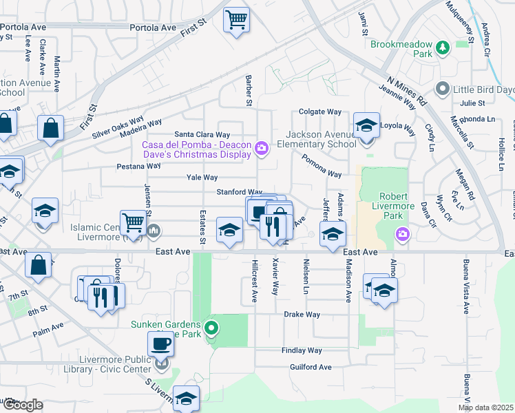 map of restaurants, bars, coffee shops, grocery stores, and more near Hillcrest Avenue & California Way in Livermore