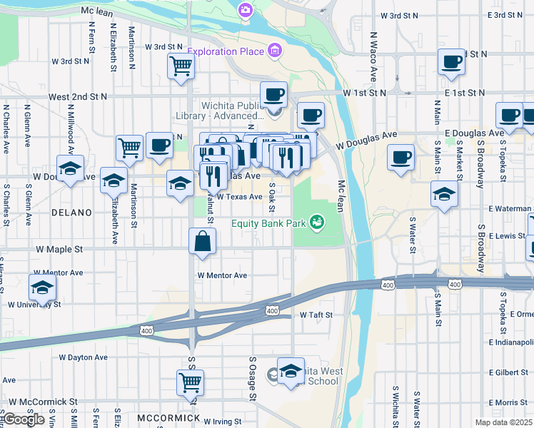 map of restaurants, bars, coffee shops, grocery stores, and more near 305 South Oak Street in Wichita