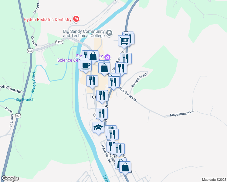 map of restaurants, bars, coffee shops, grocery stores, and more near 108 Indian Hills Lane in Prestonsburg