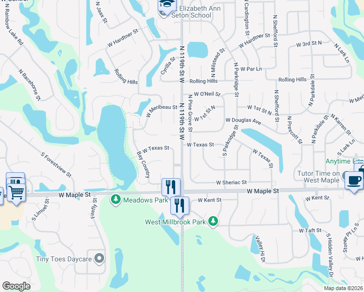 map of restaurants, bars, coffee shops, grocery stores, and more near 100 South Millbrook Road in Wichita