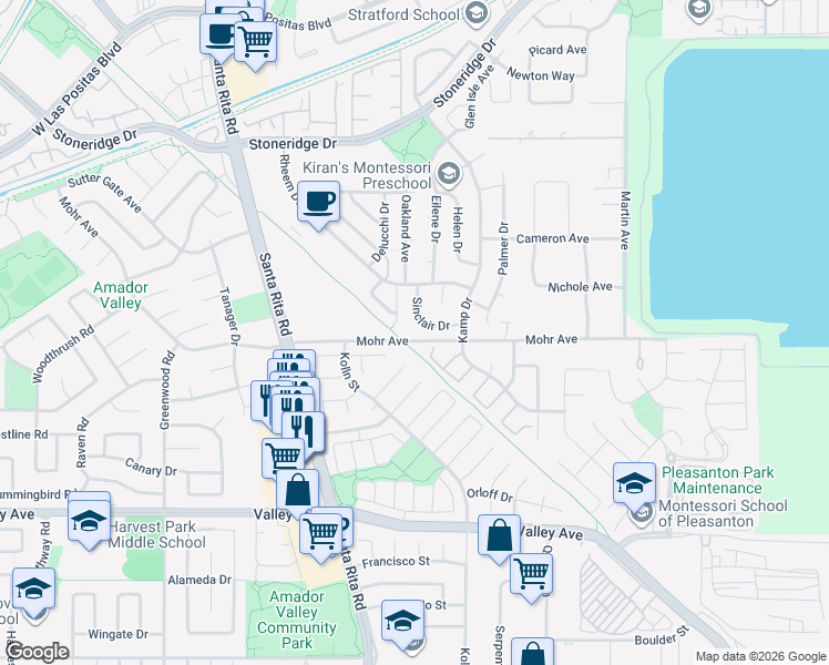 map of restaurants, bars, coffee shops, grocery stores, and more near 1802 Plumeria Court in Pleasanton