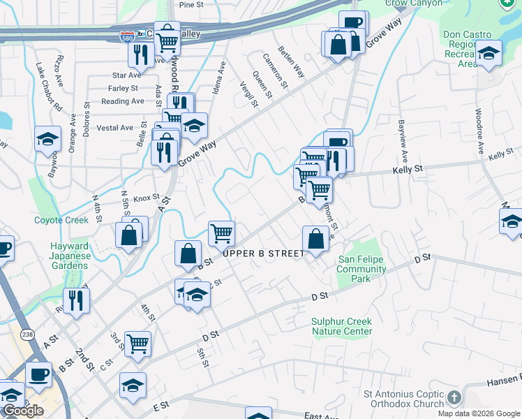 map of restaurants, bars, coffee shops, grocery stores, and more near 1782 B Street in Hayward