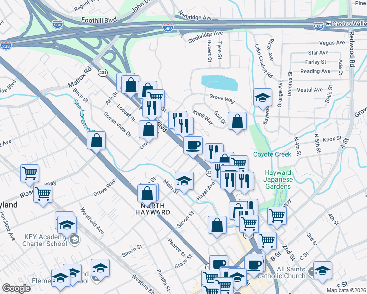 map of restaurants, bars, coffee shops, grocery stores, and more near 21799 Foothill Boulevard in Hayward