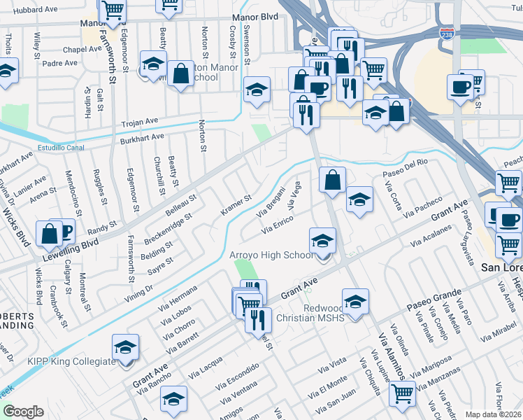 map of restaurants, bars, coffee shops, grocery stores, and more near 989 Vía Enrico in San Lorenzo