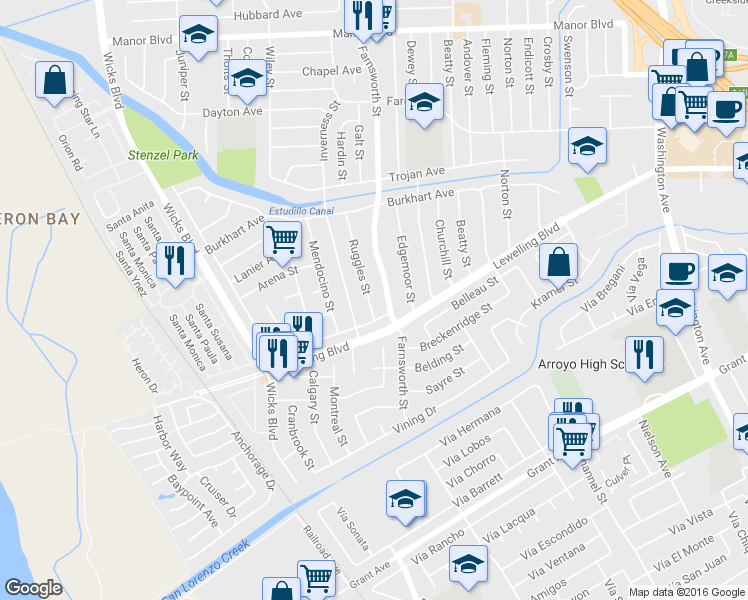map of restaurants, bars, coffee shops, grocery stores, and more near 1370 Randy Street in San Leandro