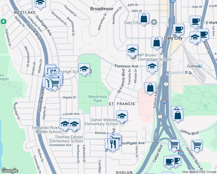 map of restaurants, bars, coffee shops, grocery stores, and more near 125 Del Prado Drive in Daly City