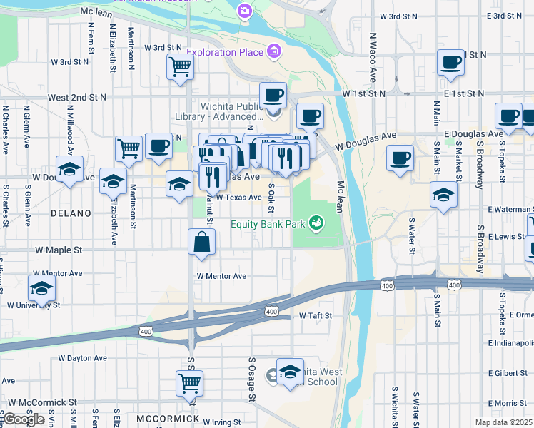 map of restaurants, bars, coffee shops, grocery stores, and more near 305 South Oak Street in Wichita