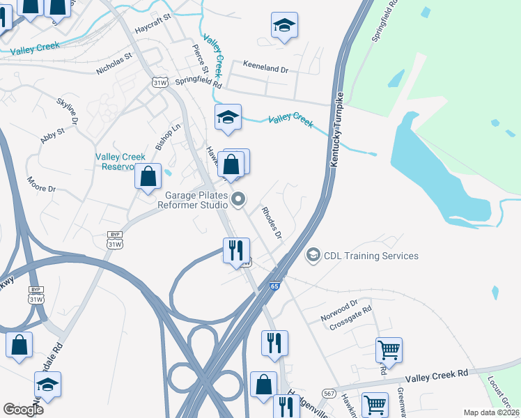 map of restaurants, bars, coffee shops, grocery stores, and more near 800-826 Rhodes Drive in Elizabethtown
