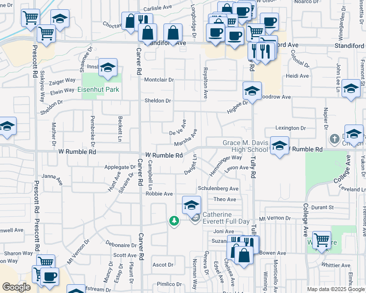 map of restaurants, bars, coffee shops, grocery stores, and more near 3005 Secrest Way in Modesto