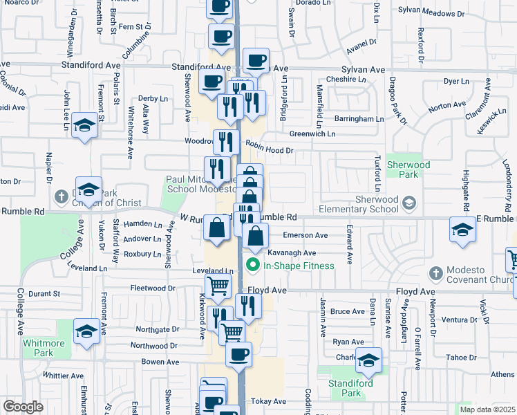 map of restaurants, bars, coffee shops, grocery stores, and more near 2925 Fitzpatrick Avenue in Modesto