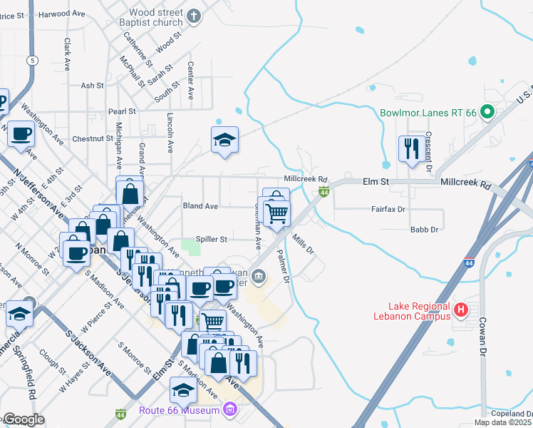 map of restaurants, bars, coffee shops, grocery stores, and more near 531 East Elm Street in Lebanon
