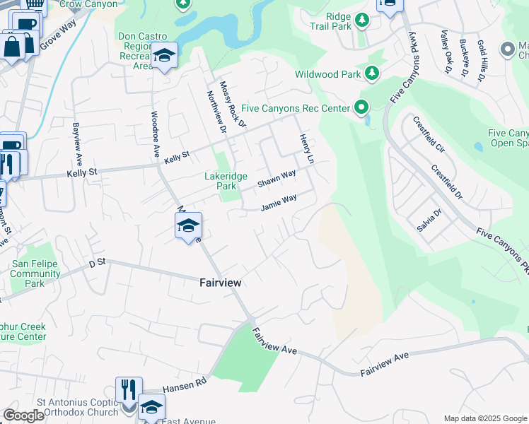 map of restaurants, bars, coffee shops, grocery stores, and more near 3260 Jamie Way in Hayward
