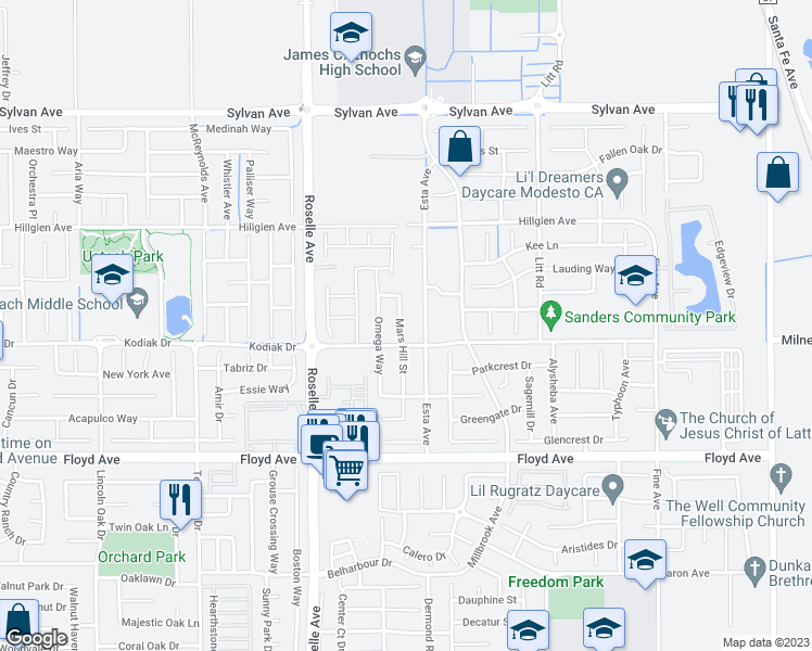 map of restaurants, bars, coffee shops, grocery stores, and more near 3012 Mars Hills Street in Modesto
