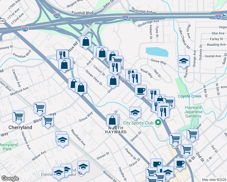 map of restaurants, bars, coffee shops, grocery stores, and more near 1239 Grove Way in Hayward