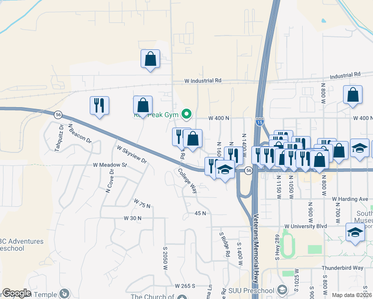 map of restaurants, bars, coffee shops, grocery stores, and more near 235-399 N 1700 W in Cedar City