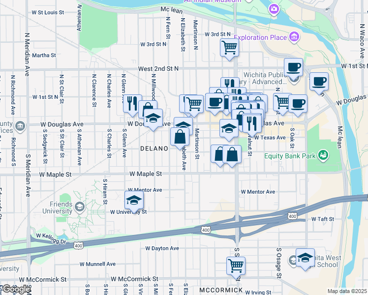 map of restaurants, bars, coffee shops, grocery stores, and more near 214 South Elizabeth Street in Wichita