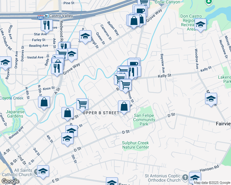 map of restaurants, bars, coffee shops, grocery stores, and more near 22607 Beech Street in Hayward
