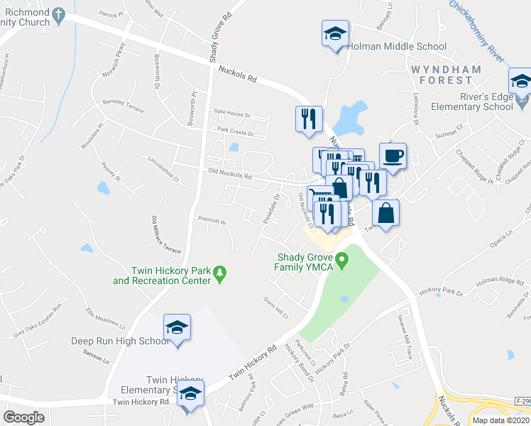 map of restaurants, bars, coffee shops, grocery stores, and more near 11504 Pinedale Drive in Glen Allen