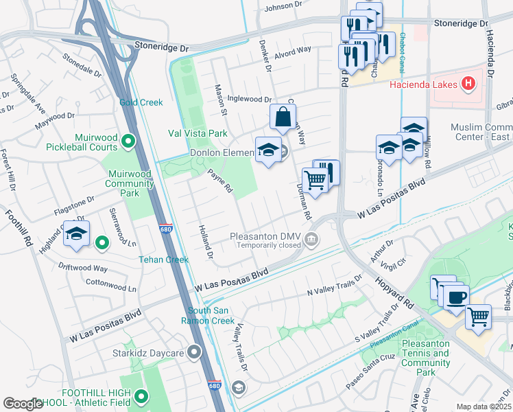 map of restaurants, bars, coffee shops, grocery stores, and more near 4051 Crest Court in Pleasanton