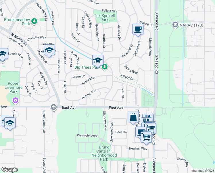 map of restaurants, bars, coffee shops, grocery stores, and more near 5388 Norma Way in Livermore