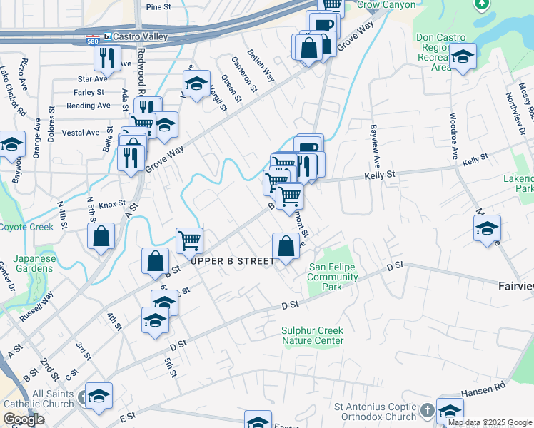 map of restaurants, bars, coffee shops, grocery stores, and more near 22607 Beech Street in Hayward