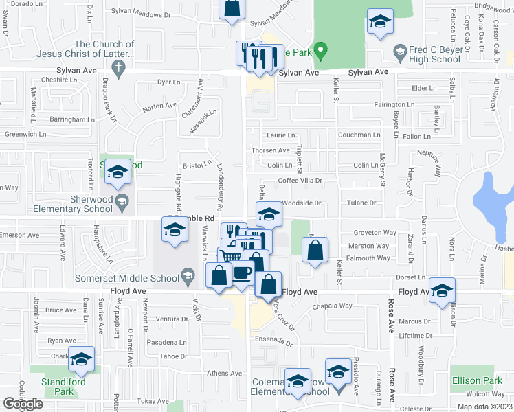 map of restaurants, bars, coffee shops, grocery stores, and more near 3011 Delta Avenue in Modesto